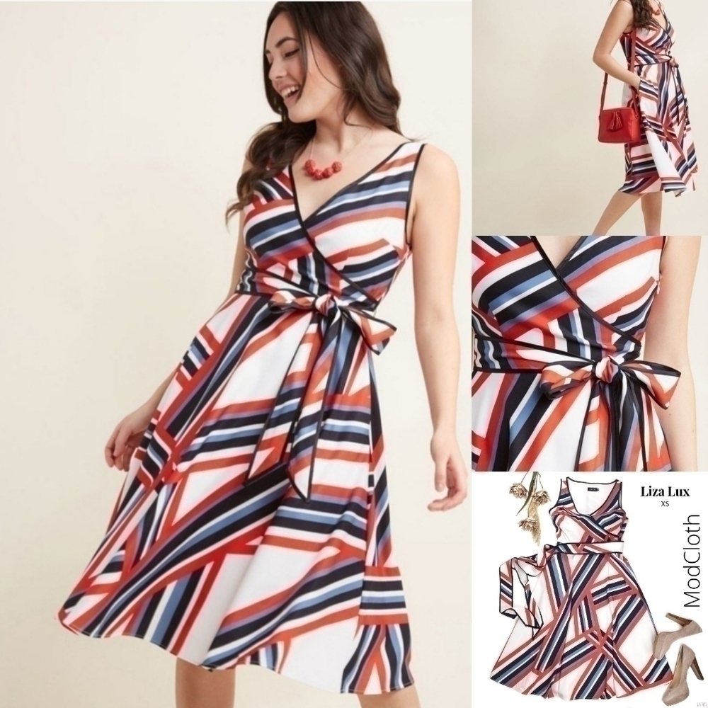 Liza Luxe ModCloth Belted White Blue Red  Stripe Dress Sz XS
